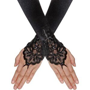 Women's Black Embroidery Sequins Finger Loop Floral Satin Long Gloves Party Wear